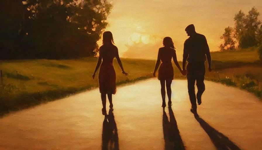 Prompt: oil painting, happy lovers leaving together, walking towards the sunset, cinematic lighting, wow, establishing shot