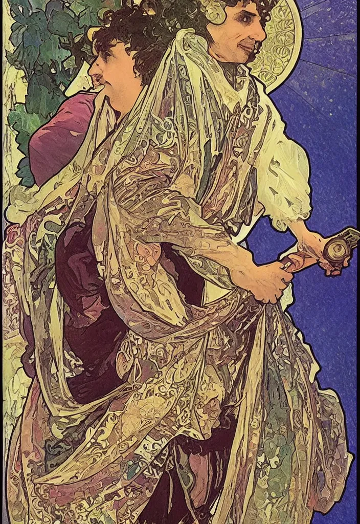 Image similar to Yoshua Bengio as the magician on a tarot card, tarot in art style by Alphonse Mucha