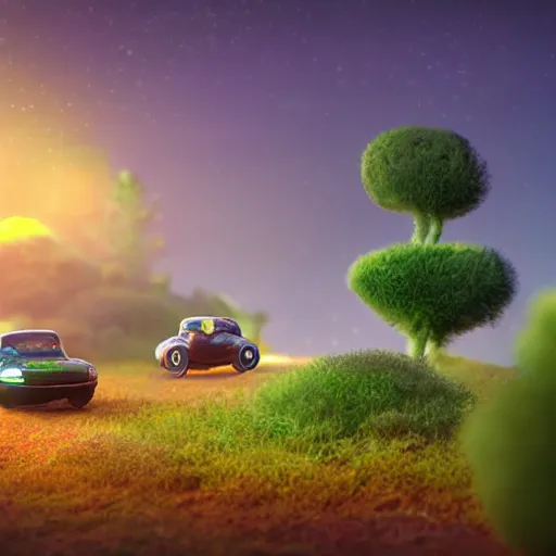 Image similar to tiny cars, phone time machine, bioluminescence, vegetation, colorful, rim light, highly detailed, tilt shift, digital painting, concept art, smooth, sharp focus, pleasing aesthetics, 3 d render, octane render, disney pixar, 4 k