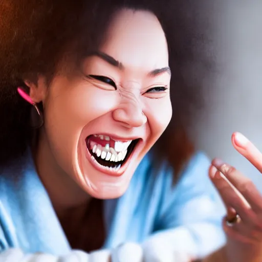 Prompt: Woman laughing maniacally in extreme joy using a computer, Candid shot, Canon EOS, ArtStation