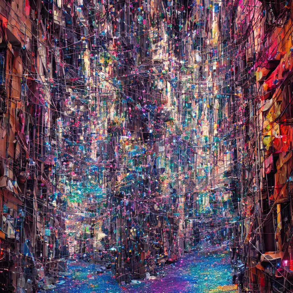 Prompt: a few thin streams of multi-colored glitter flow in a light breeze above the narrow streets of a cyberpunk city