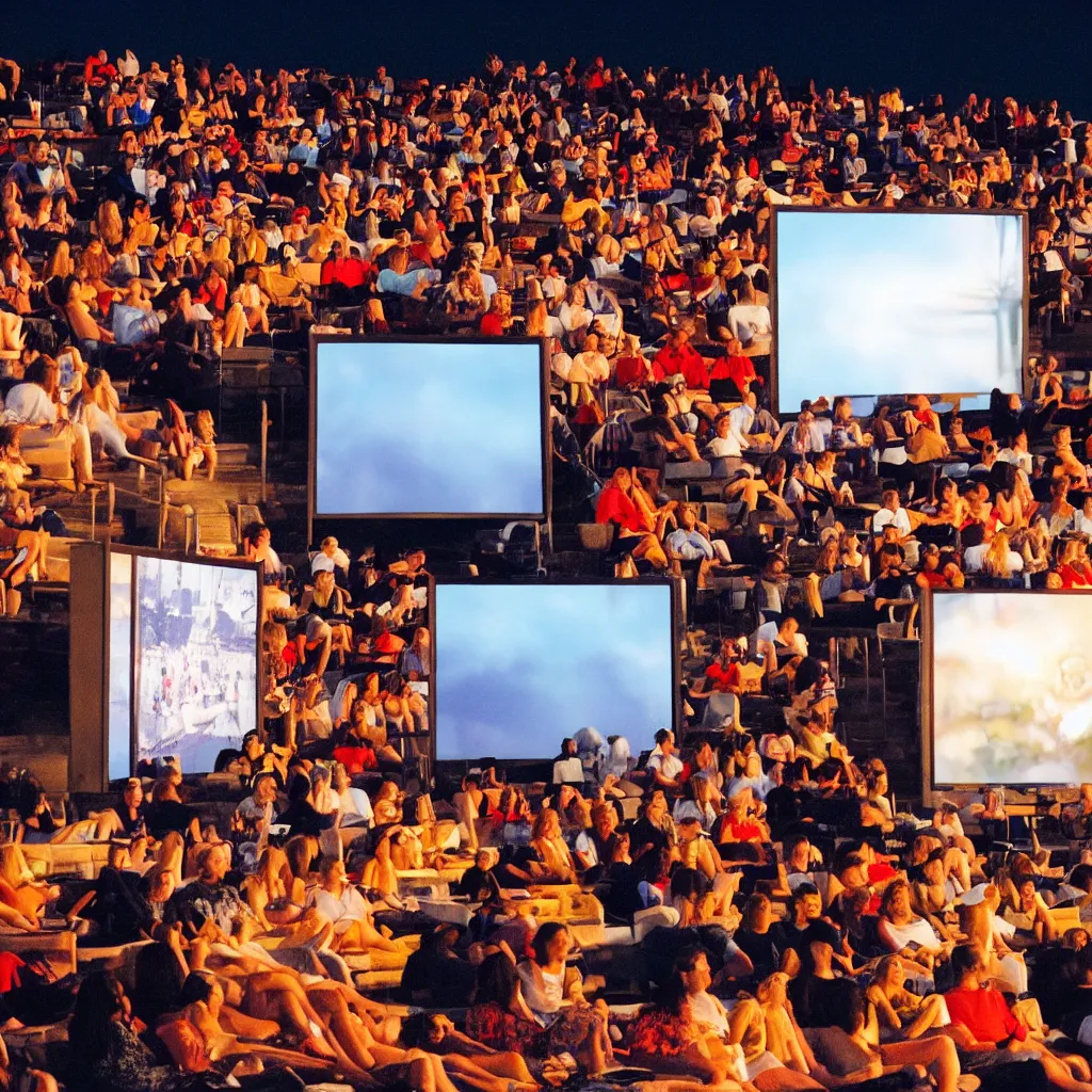 Image similar to outdoor cinema screen with moviegoers, giant popcorn bucket, at night symmetrical rule of thirds