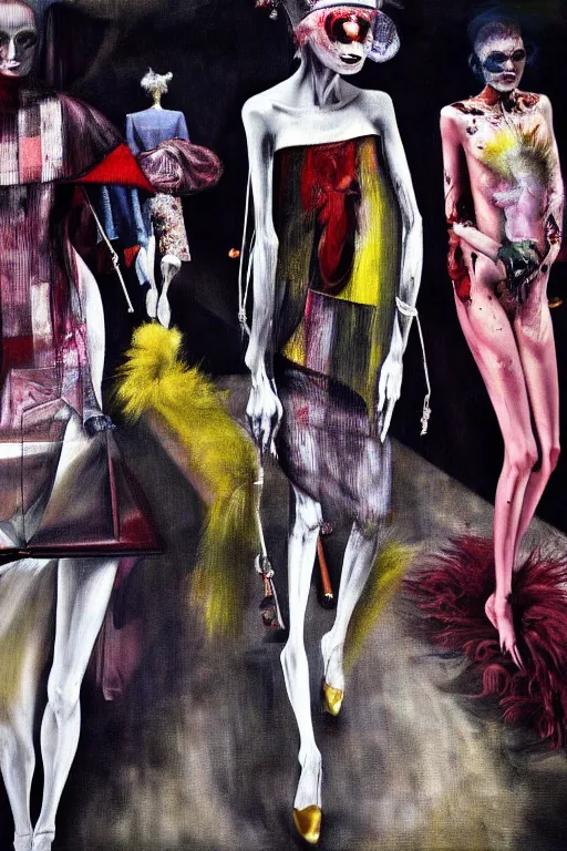 Image similar to crazy fashion catwalk, one model, crazy clothes, hauntingly surreal, highly detailed painting by francis bacon, edward hopper, adrian ghenie, gerhard richter, and james jean soft light 4 k,