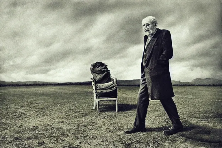 Prompt: “Photo by Robert ParkeHarrison. Old man in a surreal setting.”