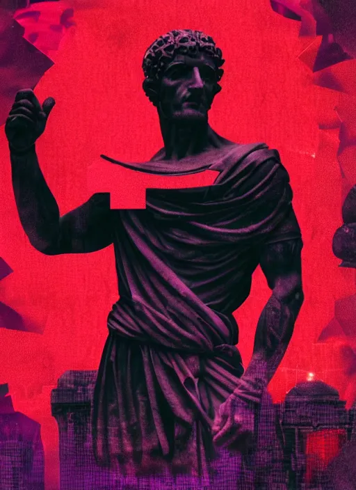 Image similar to black background with subtle red and purple design elements, statue of julius caesar, nekro, modern design, collage art, thin lines, dark, glitch art, neo vaporwave, gritty, layout frame, trending on artstation