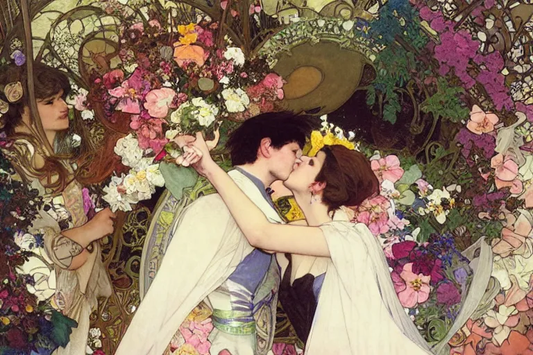 Image similar to the groom kisses the bride at a wedding full of flowers, bright and happy, dreamlike art, highly detail, 4 k realistic, wedding photoy krenz cushart. artem demura. alphonse mucha. yoji shinkawa artgerm. jon lothian. danilo torres. adi meyers. thomas reimann. gaston bussiere.