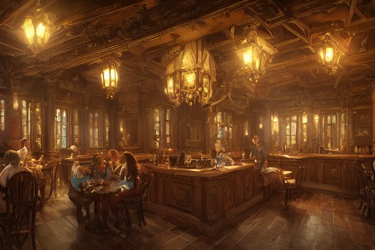 Image similar to ultra realistic illustration, baroque tavern interior from diablo and baldurs gate, intricate, elegant, highly detailed, digital painting, artstation, concept art, smooth, sharp focus, illustration, art by artgerm and greg rutkowski and alphonse mucha