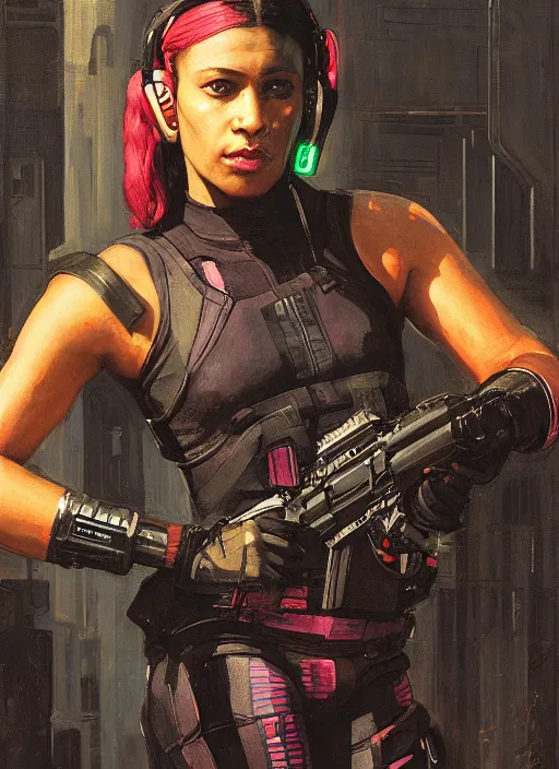 Image similar to Isabel igwe. cyberpunk mercenary wearing a cyberpunk headset and combat jumpsuit. (Cyberpunk 2077, bladerunner 2049). Iranian orientalist portrait by john william waterhouse and Edwin Longsden Long and Theodore Ralli and Nasreddine Dinet, oil on canvas. Cinematic, vivid colors, hyper realism, realistic proportions, dramatic lighting, high detail 4k