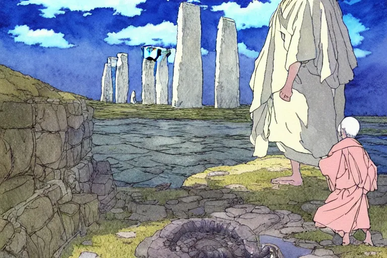 Image similar to a hyperrealist studio ghibli watercolor fantasy concept art. in the foreground is a giant monk in a grey robe lifting a stone. in the background is stonehenge. the scene is underwater on the sea floor. by rebecca guay, michael kaluta, charles vess