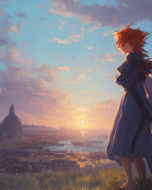 Prompt: over the shoulder landscape painting of violet evergarden, behind her is a distant old european city leiden from violet evergarden next to the reflecting ocean, ocean, sunset, by Philipp A. Urlich and Pengzhen Zhang and Andreas Rocha, fantasy, intricate, elegant, highly detailed, digital painting, artstation, blender, unreal engine 5, octane render, smooth, sharp focus, illustration