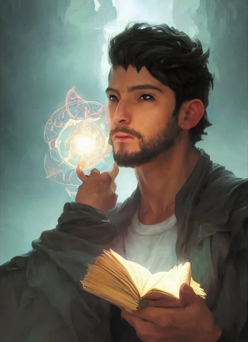 Prompt: character concept portrait of a handsome young heroic hispanic wizard with olive skin casting a love spell, a floating iridescent spell book in the center, intricate, elegant, digital painting, concept art, smooth, sharp focus, illustration, from Metal Gear, by Ruan Jia and Mandy Jurgens and William-Adolphe Bouguereau, Artgerm