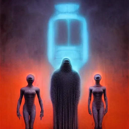 Image similar to the fantastic four by beksinski and tristan eaton, dark neon trimmed beautiful dystopian digital art