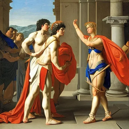 Image similar to muscular warrior women, roman women in armor, oath of the horatii, jacques - louis david