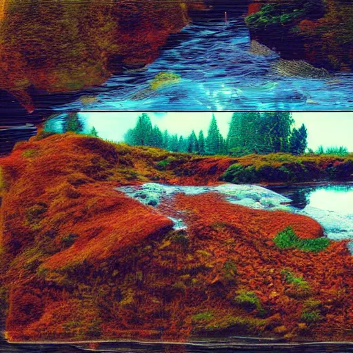 Image similar to a beautiful landscape, river, rocks, trees, glitch, glitchy, vhs, corrupted