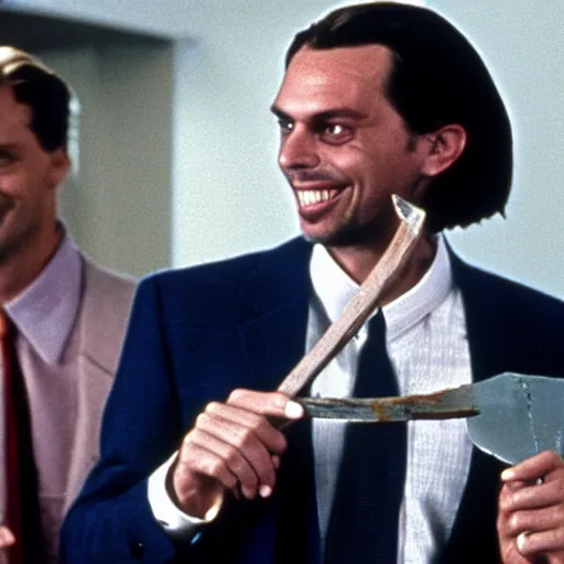 Prompt: Thierry Baudet grinning and holding a hatchet in the movie American Psycho