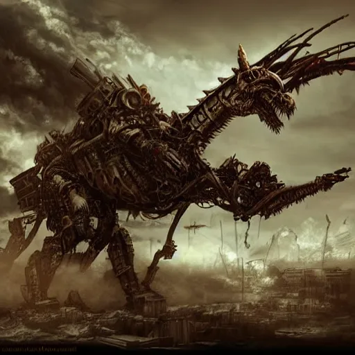 Image similar to high quality art of a giant mechanized dragon in an apocalyptic future, made of plates and armor, consisting of 4 limbs, climbing over a destroyed building in a hazy radioactive atmosphere, roaring with an epic pose into the air as the building crumbles under the weight. furaffinity, deviantart, artstation, high quality