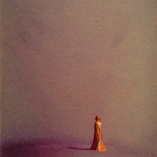 Image similar to a woman posing, wearing a dress, by Zdzislaw Beksinski