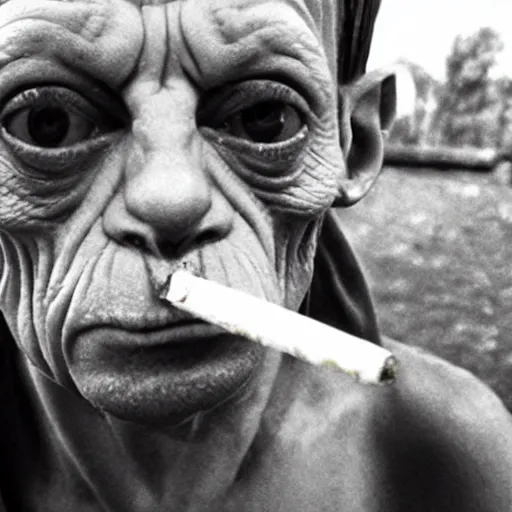 Image similar to Gollum smokes cigarette selfie