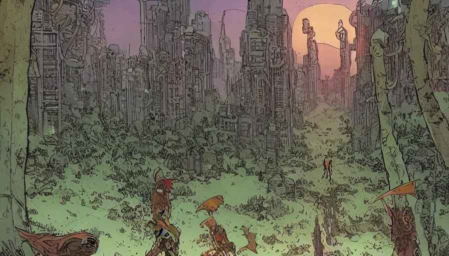 Image similar to ligne claire art of a druid in postapocalyptic city intertwined with nature in the open space, street - level view, by moebius, bright colors, eisner award - winning spread