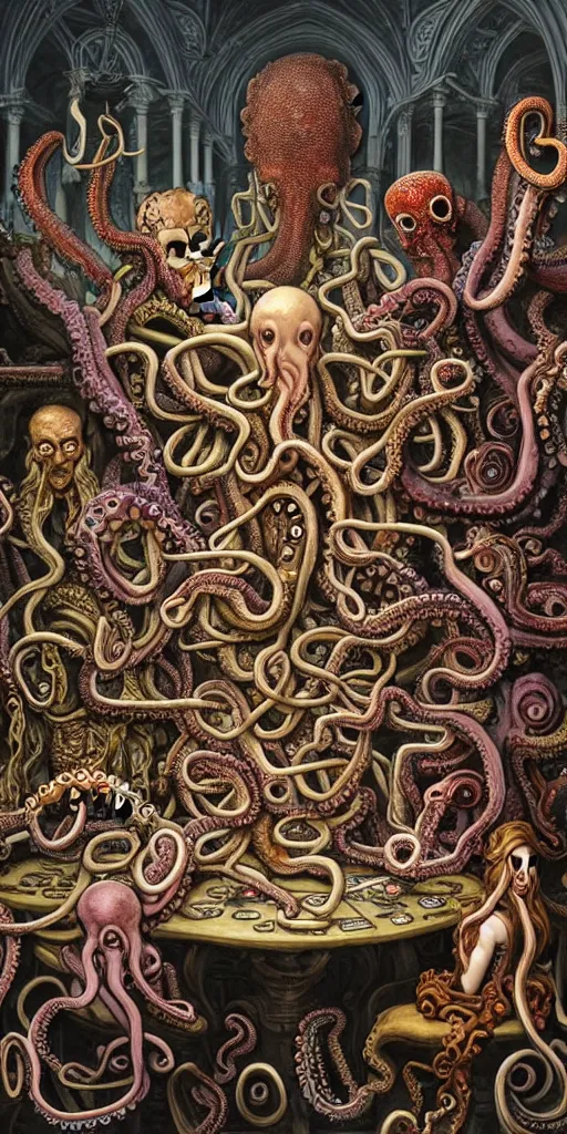 Image similar to group of humans with octopus heads arguing with mages with medusa heads they are sitting near the table in an ancient mage castle with enormous scale, gothic and baroque, brutalist architecture, ultradetailed, Intricate by James Jean and Josan Gonzalez and John Howe and Giuseppe Arcimboldo