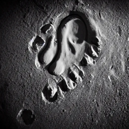 Prompt: i touch the smooth fossilised footprint of a long extinct dinosaur. my hand examines the space. cinematic hdr 3 5 mm