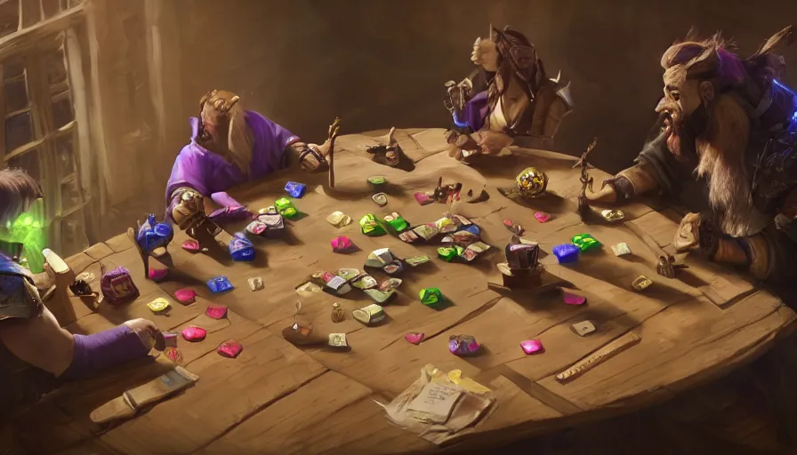 Image similar to concept art of role - playing game players around a table, rolling d 2 0 sides dice. macro. unreal engine 5. octane render. vray. arnold. maya. 1 8 mm lens. gopro, low angle, wide lens. trending on artstation. depth of field. colorful. d & d. centered image.