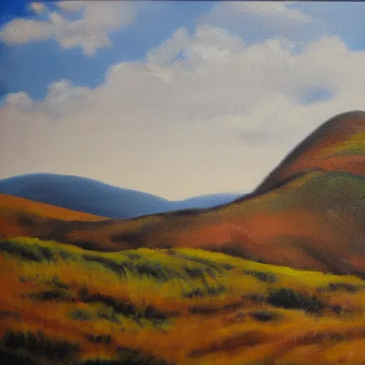 Image similar to an oil painting of a hill, by Jerome Bosch