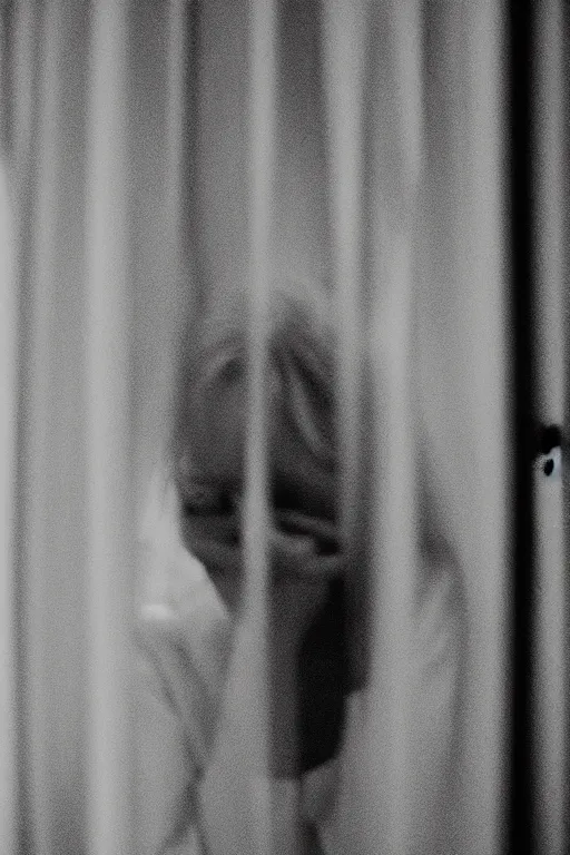 Image similar to kodak portra 4 0 0 photograph of a person peeking through their blinds, close up, telephoto, faded effect, grain,