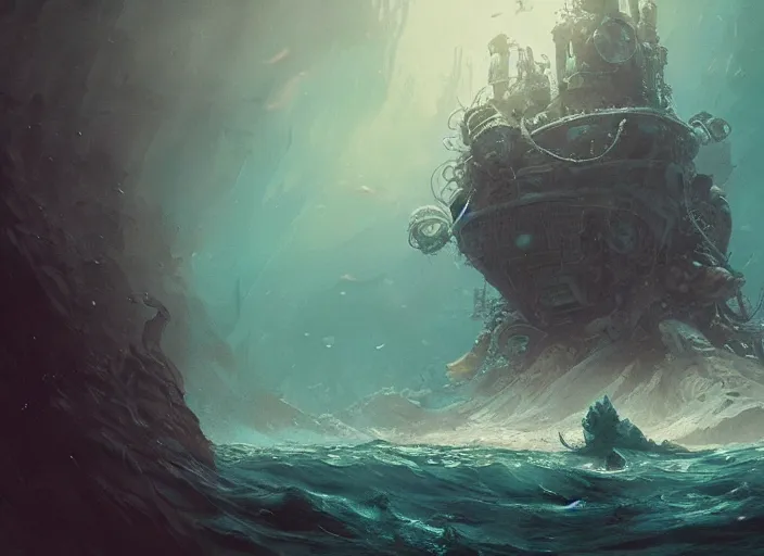 Prompt: twenty thousand leagues under the sea, fantasy art, in the style of greg rutkowski, illustration, epic, fantasy, intricate, hyper detailed, artstation, concept art, smooth, sharp focus, ray tracing