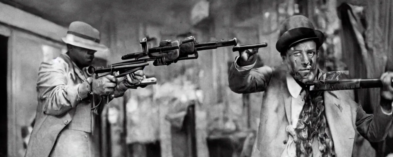 Image similar to 1 9 2 0's gangster shooting with a tommy gun made of spaghetti, canon 5 0 mm, high detailed face, facial expression, cinematic lighting, photography, retro, film, kodachrome