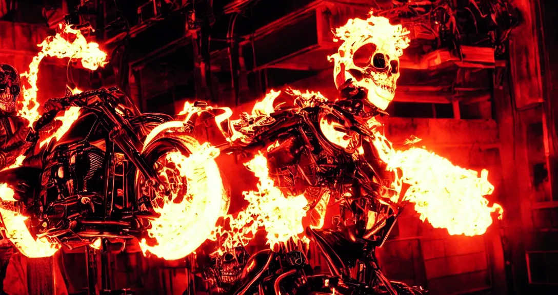 Image similar to movie still from the ghost rider flaming skull cyberpunk movie directed by the Wachowskis, epic anime style, practical effects, ominous, cinematic lighting, photo realism, filmic, dark saturated colors, terrifying sci-fi horror masterpiece, full body portrait, black background, by Giger
