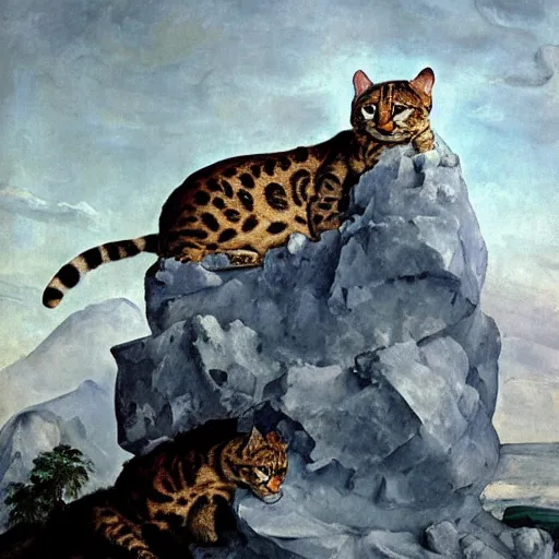 Image similar to hyperrealistic fogy luminus mountain range blob bengal cat cornice iceberg rack, by peter paul rubens and paul cezanne and anton pieck, low poly, unreal engine, cluttered