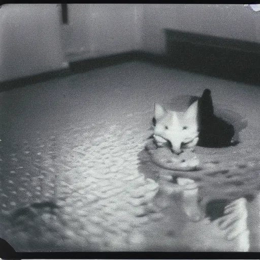 Image similar to wide-shot very low-angle eyesight first-person reflection of a cat in the puddle, polaroid photo, by Andy Warhol, signed