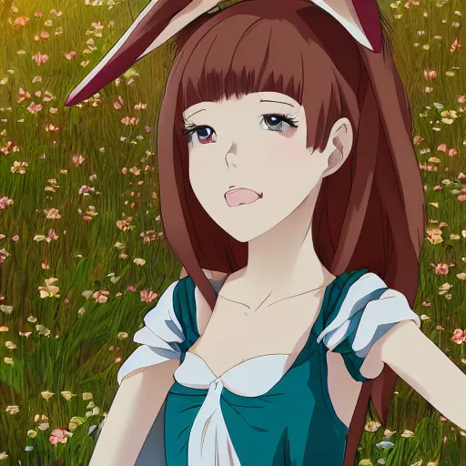 Prompt: anime girl with bunny ears and shoulder length auburn hair, secret of arietty, studio ghibli, beautiful, 4 k illustration, deviantart