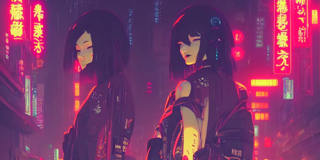 Image similar to digital illustration closeup of cyberpunk geisha in city street at night by makoto shinkai, ilya kuvshinov, lois van baarle, rossdraws, basquiat | afrofuturism, in the style of hearthstone, trending on artstation | cool color scheme