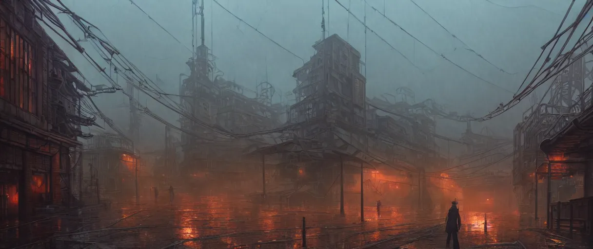 Image similar to a highly detailed matte painting of a soviet steampunk industrial zone in lightning storm and heavy rain by studio ghibli, makoto shinkai, by artgerm, by wlop, by greg rutkowski, volumetric lighting, octane render, 4 k resolution, trending on artstation, masterpiece