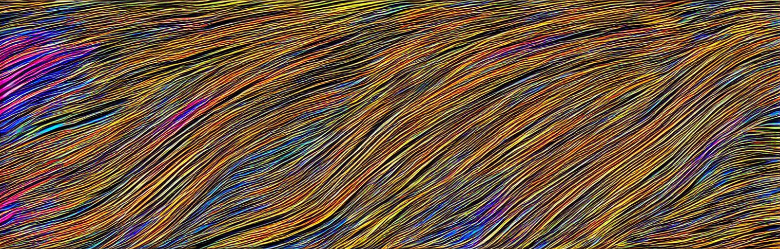 Image similar to a computer - generated image of colorful lines on a black background, digital art by pollock, mcfarlane, and frank miller, polycount, generative art, quantum wave - tracing