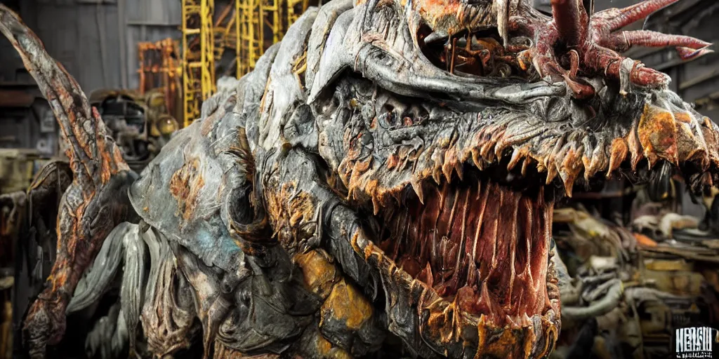 Image similar to photo taken of an epic intricate, ultra detailed, super realistic gritty, hero prop, exquisitely painted animatronic movie prop of a nightmarish hellish creature displayed in the workshop, created by weta workshop, full body shot, photorealistic, sharp focus