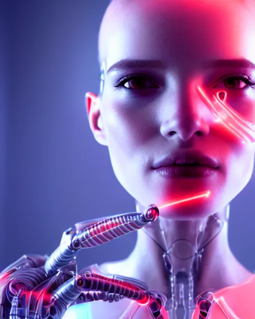 Image similar to a 3 d render of a beautiful female translucent cyborg trying to fix her broken head with futuristic tools, dreamy, elegant photorealistic, cinematic, octane render,