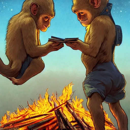 Image similar to [two monkeys throwing books in a bonfire, behind them space rockets are taking off. propaganda, closeup, D&D, intricate, elegant, highly detailed, digital painting, artstation, concept art, matte, sharp focus, illustration, art by Artgerm and Greg Rutkowski and Alphonse Mucha and Enki Bilal]