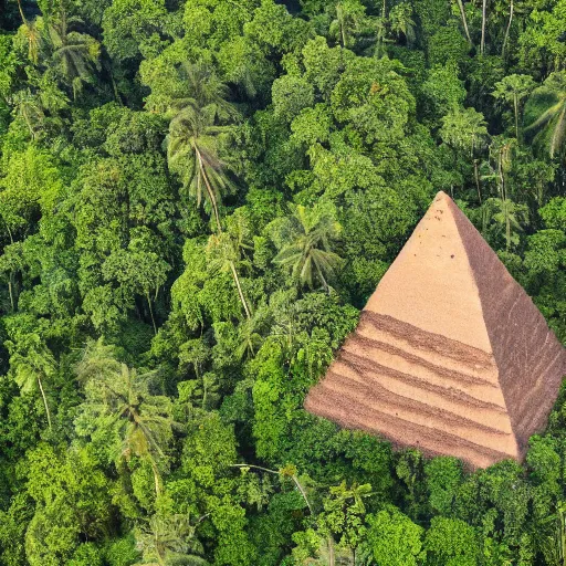 Image similar to aerial hd photographs of an uncontacted tribe from the amazon with tribe members looking up around a giant magical pyramid