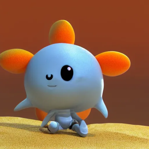 Image similar to final render made with blender of a cute yellow and orange kawaii baby demon with slow eyes and little fangs standing on a beach, by pixar and studio ghibli