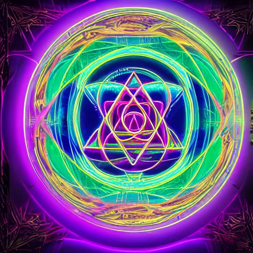 Image similar to mystical psychedelic poster with shaded lighting in the style of andriod jones, radiant light, detailed and complex environment, beautiful, utopic astral city in the sky with many buildings and temples reflecting a modern city on the ground with old growth pine trees, overlaid sacred geometry, flower of life, with implied lines, gradient of hot pink and neon baby blue