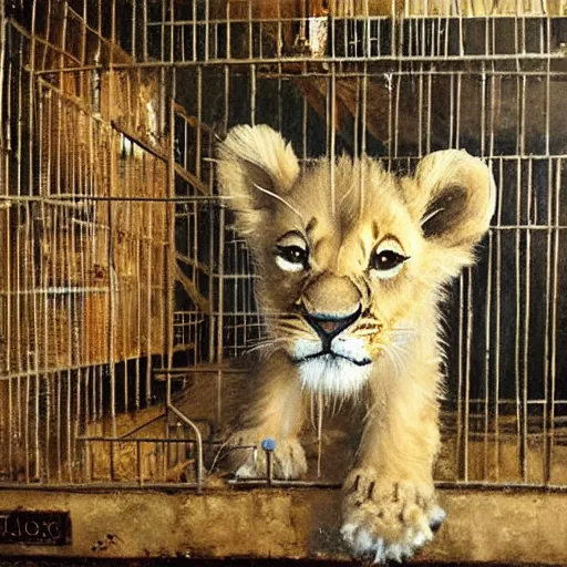 Prompt: inside of a medieval fantasy pet store, adorable lion cub in a cage, oil painting, by greg rutkowski