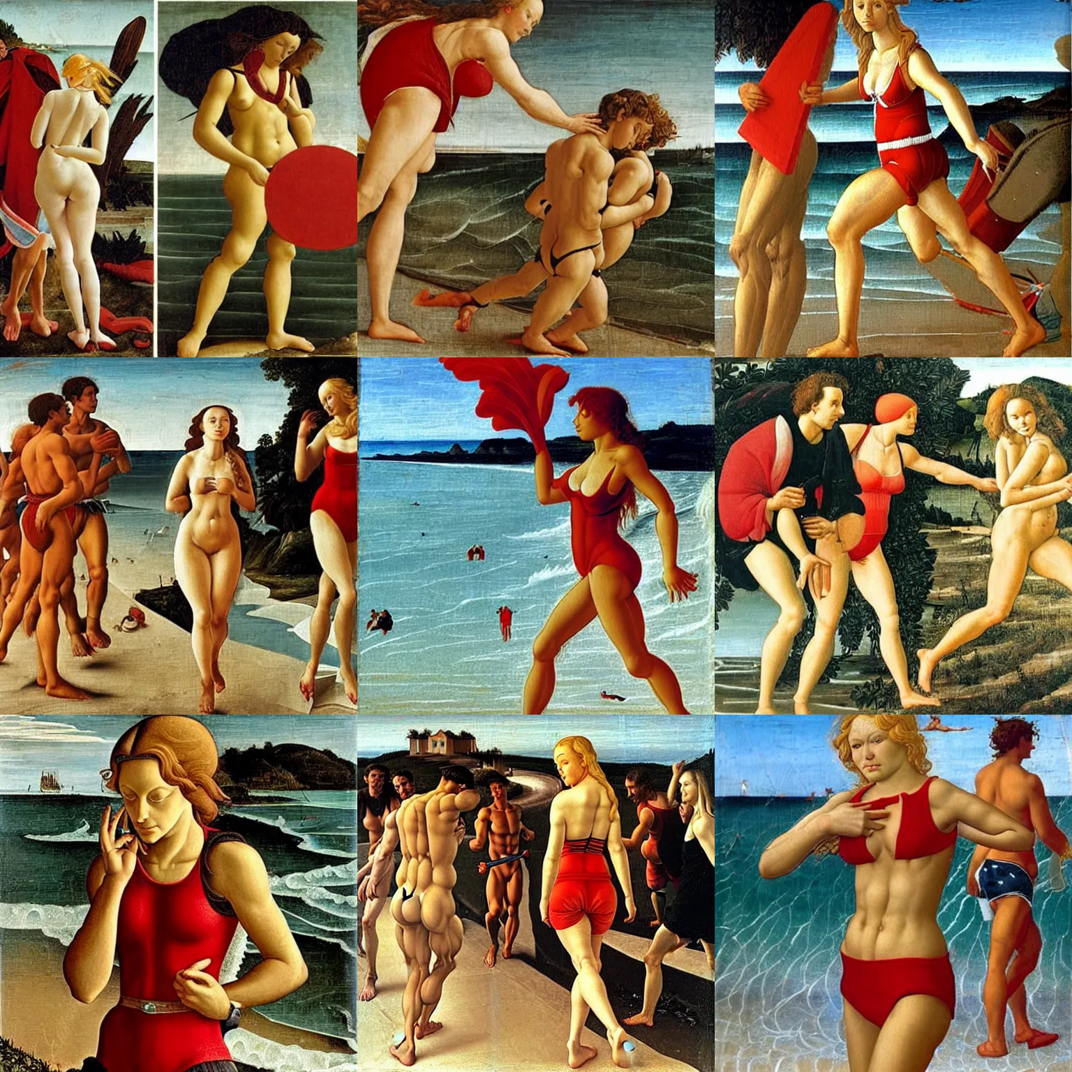 Prompt: pamela anderson running in red swimsuit on a beach as a lifeguard, renaissance painting by sandro botticelli, highly detailed fine art