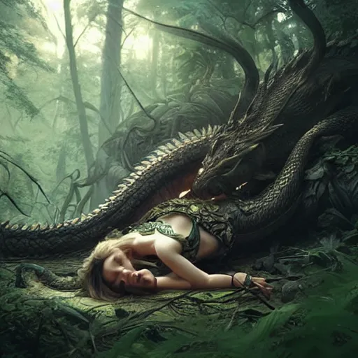 Image similar to a dragon sleeping in a forest, ultra realistic, concept art, intricate details, eerie, highly detailed, photorealistic, octane render, 8 k, unreal engine. art by artgerm and greg rutkowski and charlie bowater and magali villeneuve and alphonse mucha