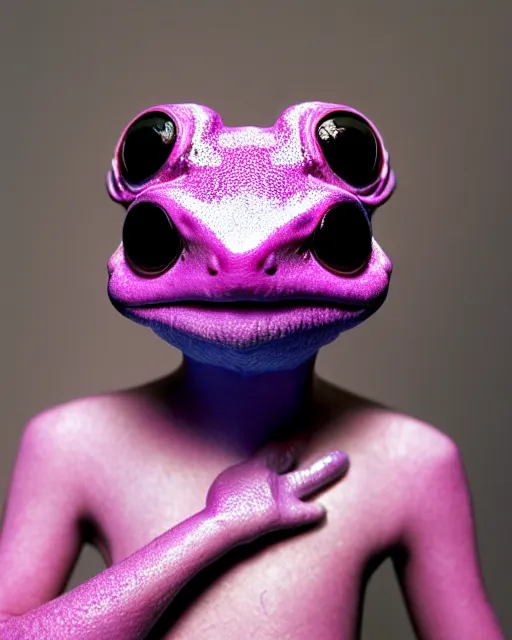 Image similar to natural light, soft focus portrait of a cyberpunk anthropomorphic poison dart frog with soft synthetic pink skin, blue bioluminescent plastics, smooth shiny metal, elaborate ornate head piece, piercings, skin textures, by annie leibovitz, paul lehr