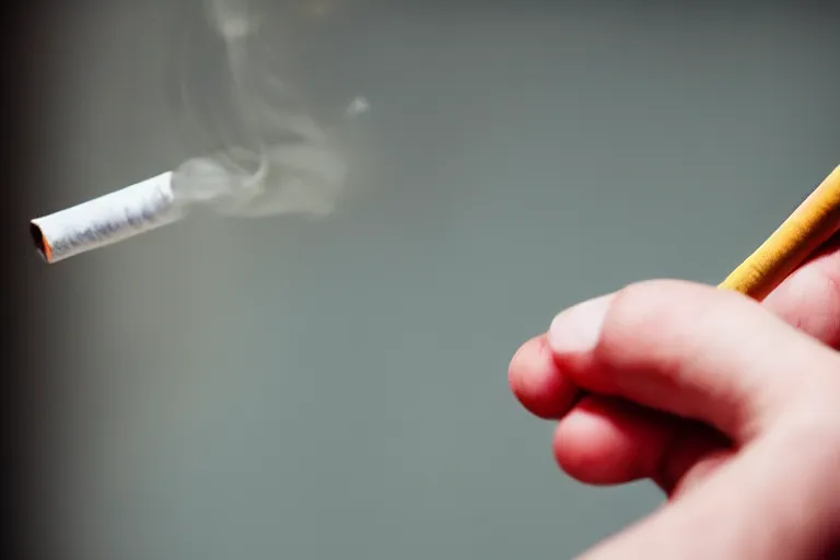 Prompt: Close-up of thin soft hand holding cigarette with smoke, hyper realistic, high details, photo, super resolution