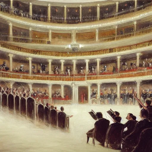 Prompt: painting by greg rutkowski, interior of an opera house with a singer in a white dress on stage, an orchestra and audience in the hall