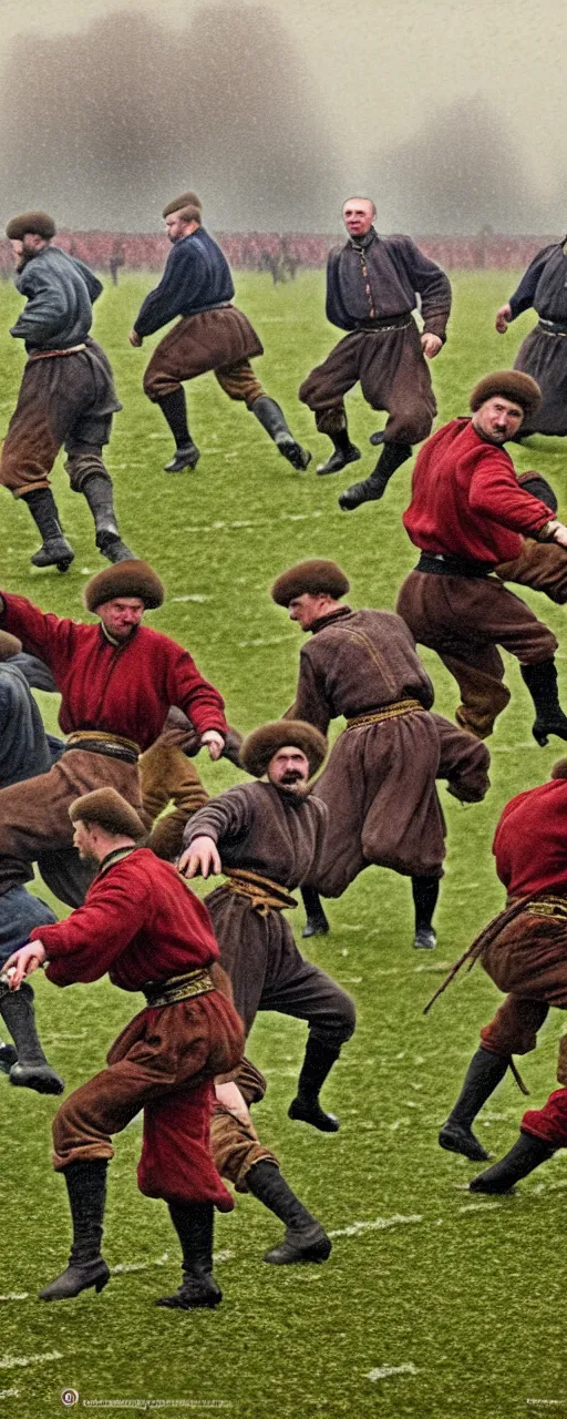 Prompt: ukrainian cossacks play football in london, early 2 0 th century, rain, realistic, hyper detail, dynamic, in john baeder style, many details, super realistic, high quality, 8 k